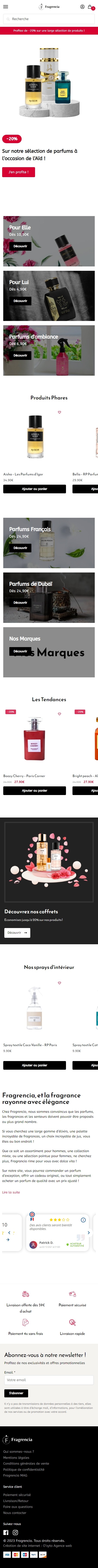 Page d'accueil de la boutique WooCommerce Fragrencia, vue sur mobile.