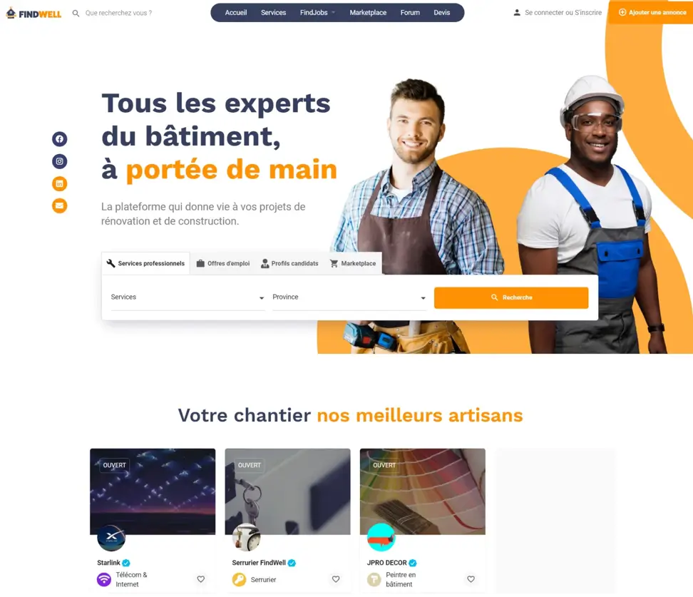 Page d'accueil du site FindWell créé par Osyto : plateforme de mise en relation avec les professionnels du bâtiment, avec moteur de recherche et annuaire d'artisans.