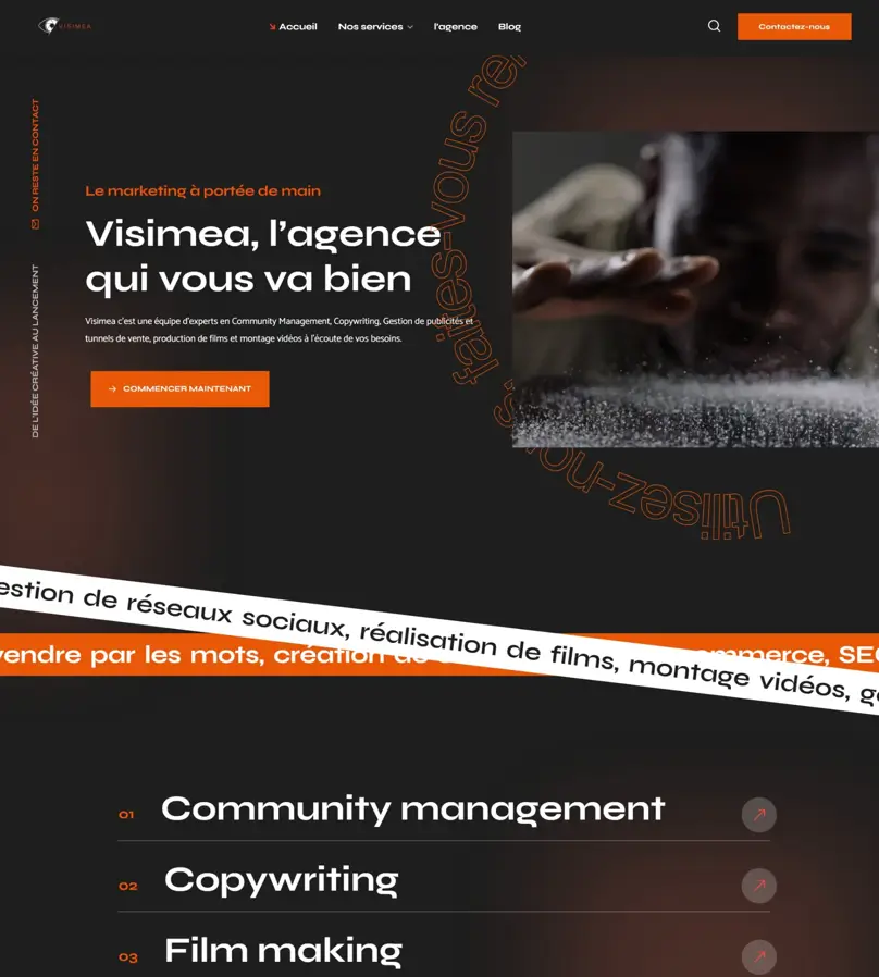 Page d'accueil du site Visimea créé par Osyto : agence de marketing, présentation des services en community management, copywriting et production vidéo.