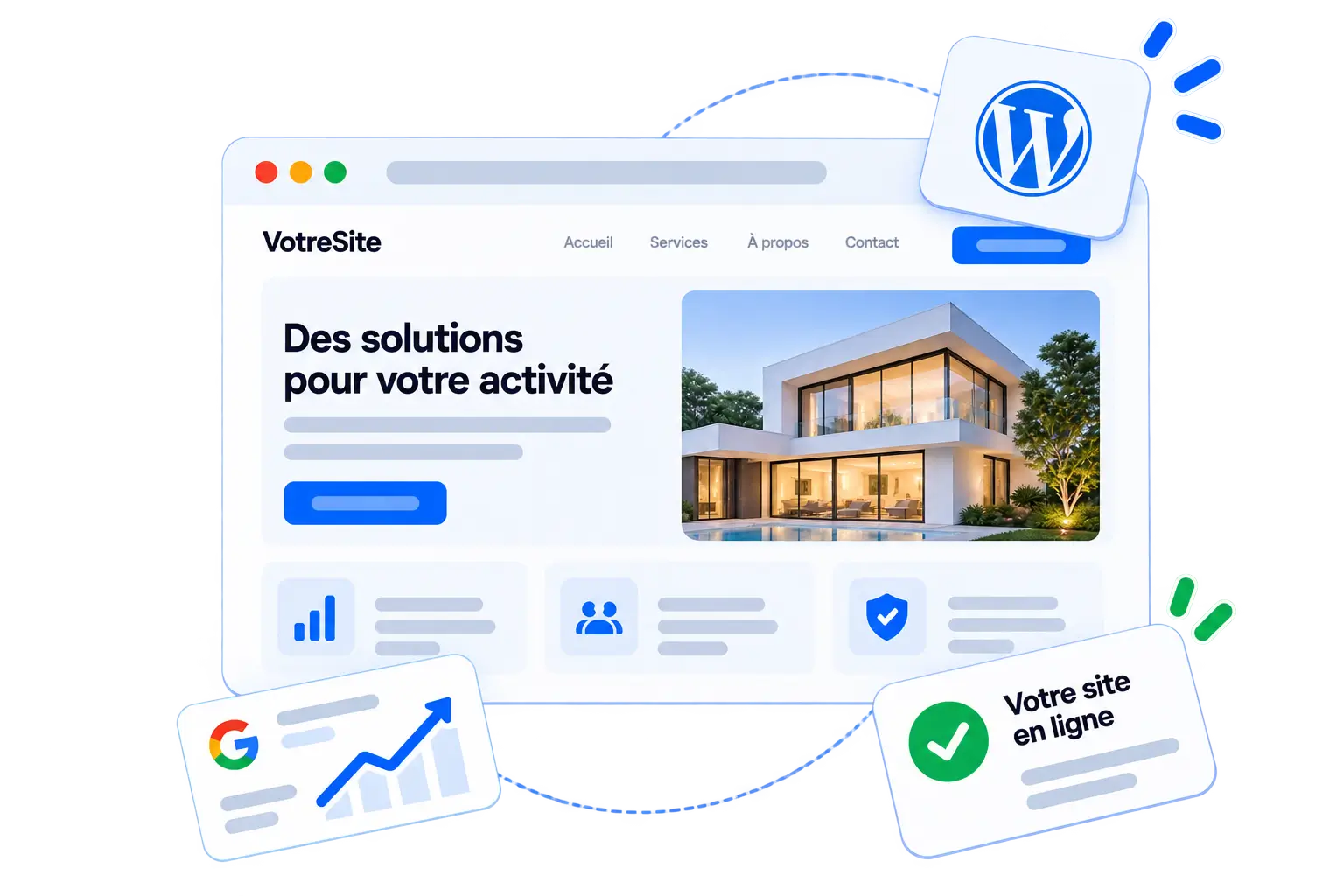 Un site WordPress en cours de construction : page d'accueil avec ses sections, courbe de positions sur Google et validation de la mise en ligne.
