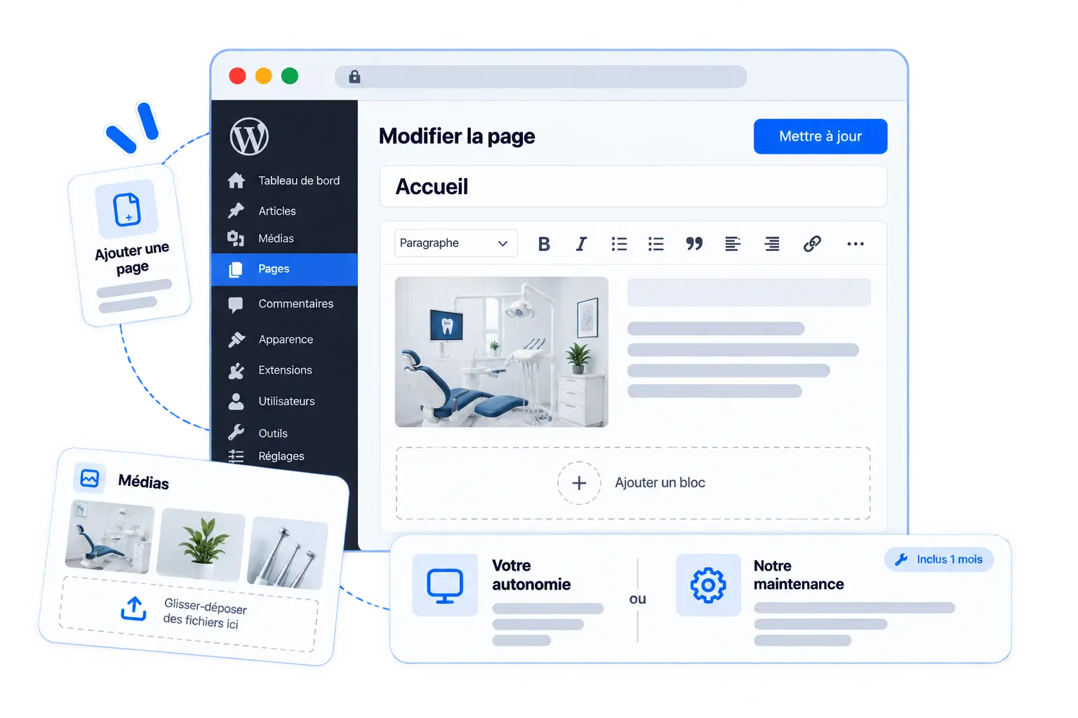 Tableau de bord WordPress : modification d'une page, ajout d'une photo dans la médiathèque, et le choix entre gérer soi-même son site ou confier sa maintenance à Osyto.