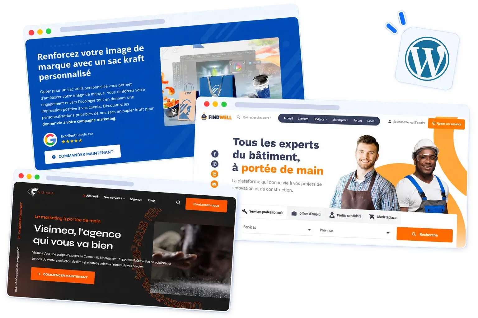 Trois sites WordPress créés par Osyto affichés côte à côte : une plateforme pour les professionnels du bâtiment, un site d'agence et une identité de marque.