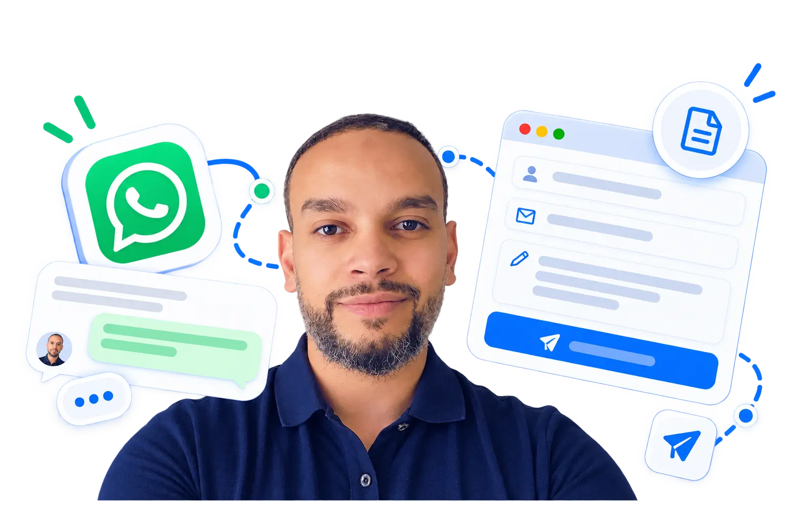 Youcef, fondateur d'Osyto, entouré d'une conversation WhatsApp et d'un formulaire de contact : les deux façons de lui envoyer le lien de votre site.
