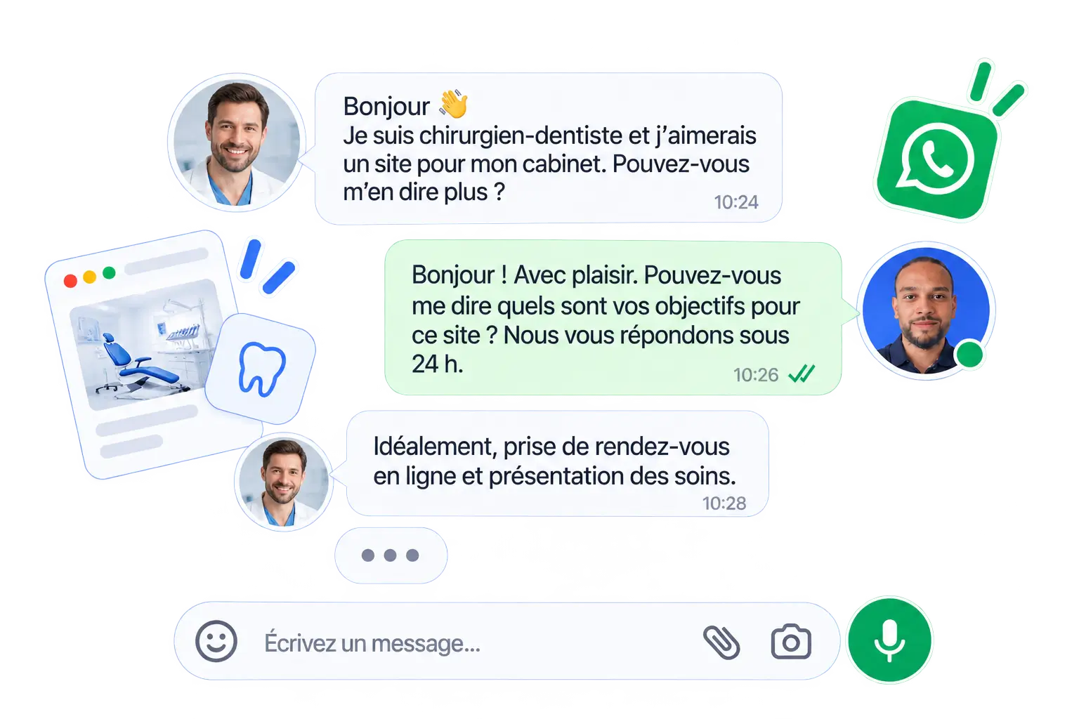 Conversation WhatsApp entre un chirurgien-dentiste et Osyto : il demande un site pour son cabinet avec prise de rendez-vous en ligne, Osyto répond sous 24 heures.