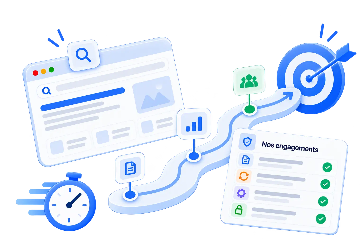 Le parcours d'un accompagnement SEO dans le temps, de la page travaillée aux positions puis aux demandes clients, avec la liste des engagements de l'agence validés un à un.