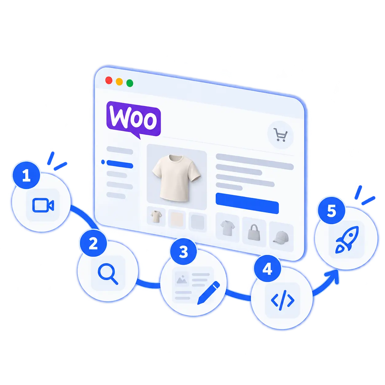 Les cinq étapes de création d'une boutique WooCommerce : visio de cadrage, étude, rédaction et maquette, développement, puis mise en ligne.