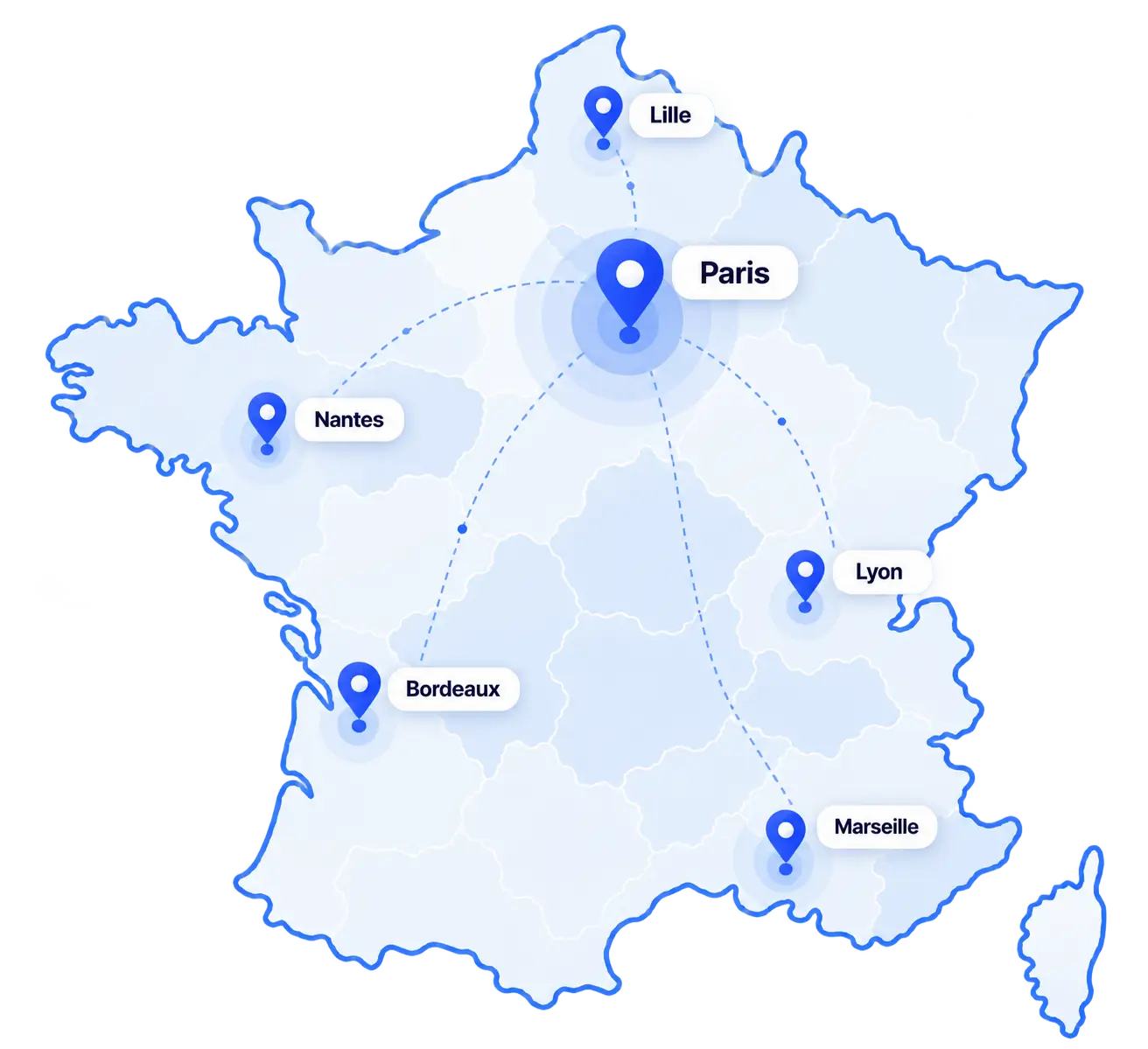 Carte de France : Osyto accompagne à distance des entreprises à Paris, Lille, Nantes, Bordeaux, Lyon, Marseille et partout en France.