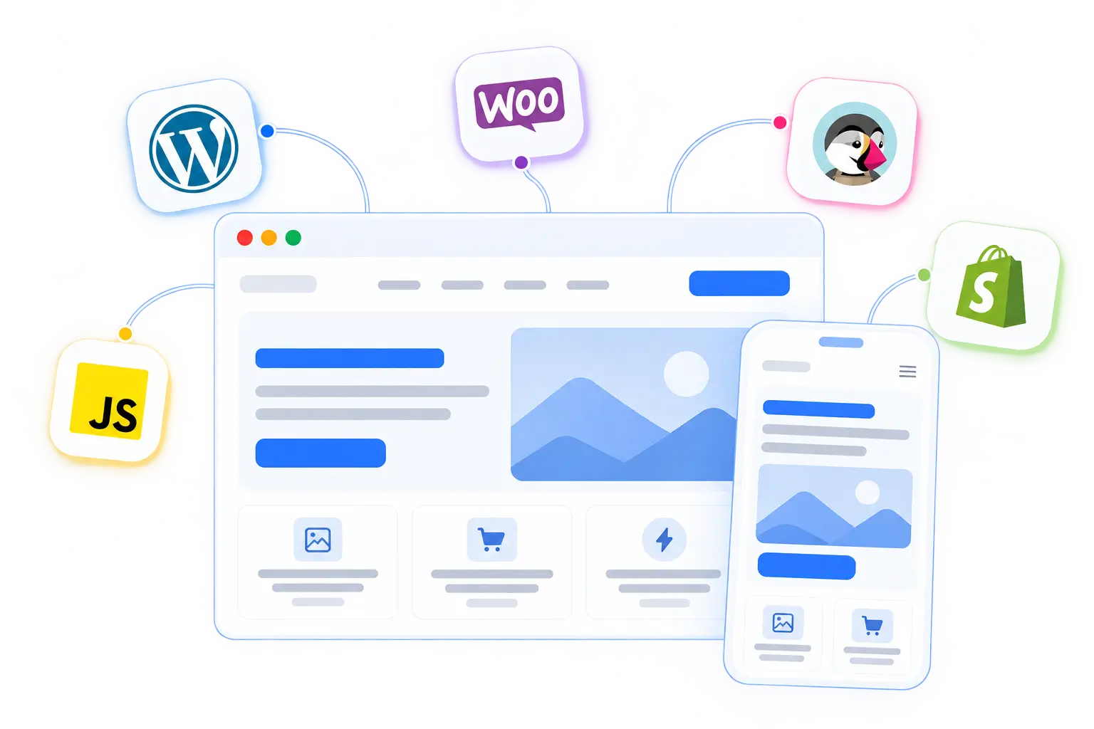 Création de site web par Osyto : site vitrine et boutique en ligne sur WordPress, WooCommerce, Prestashop ou Shopify, affichés sur ordinateur et sur mobile.
