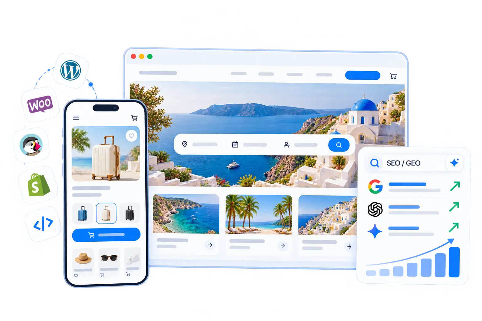 Site créé par Osyto sur WordPress, WooCommerce, Prestashop, Shopify ou JavaScript, affiché sur ordinateur et sur mobile, et cité dans les réponses de ChatGPT et de Google.