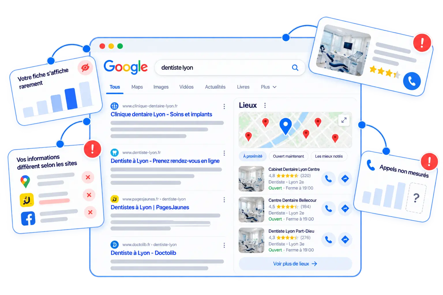 Résultats Google d’une recherche locale avec trois alertes : une fiche qui s’affiche rarement, des informations qui diffèrent selon les sites et des appels non mesurés.