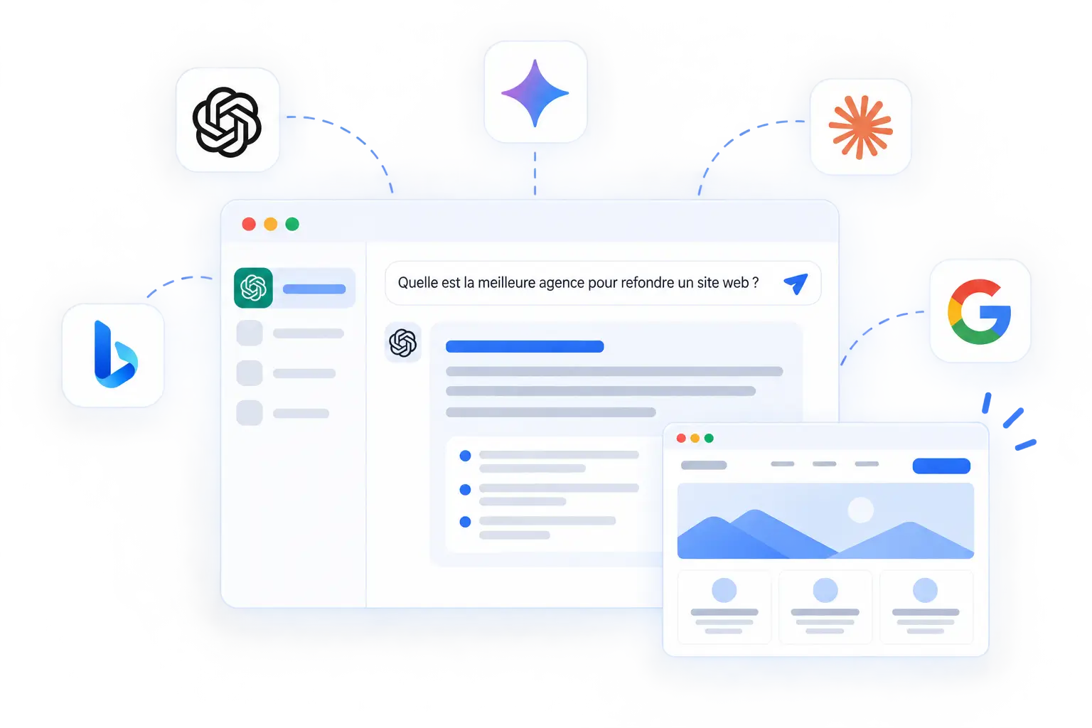 Visibilité dans les IA : une entreprise citée dans les réponses de ChatGPT, Gemini, Claude, Copilot et Google.