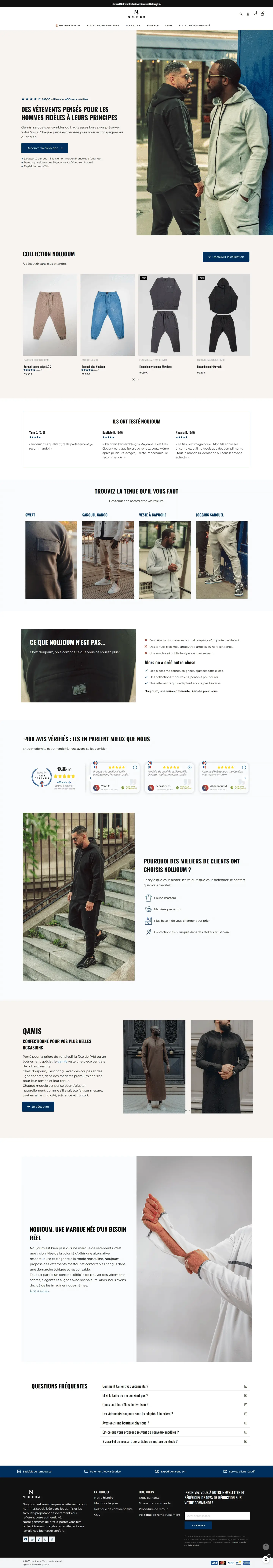 Page d'accueil de la boutique Noujoum après la refonte du design, sur ordinateur